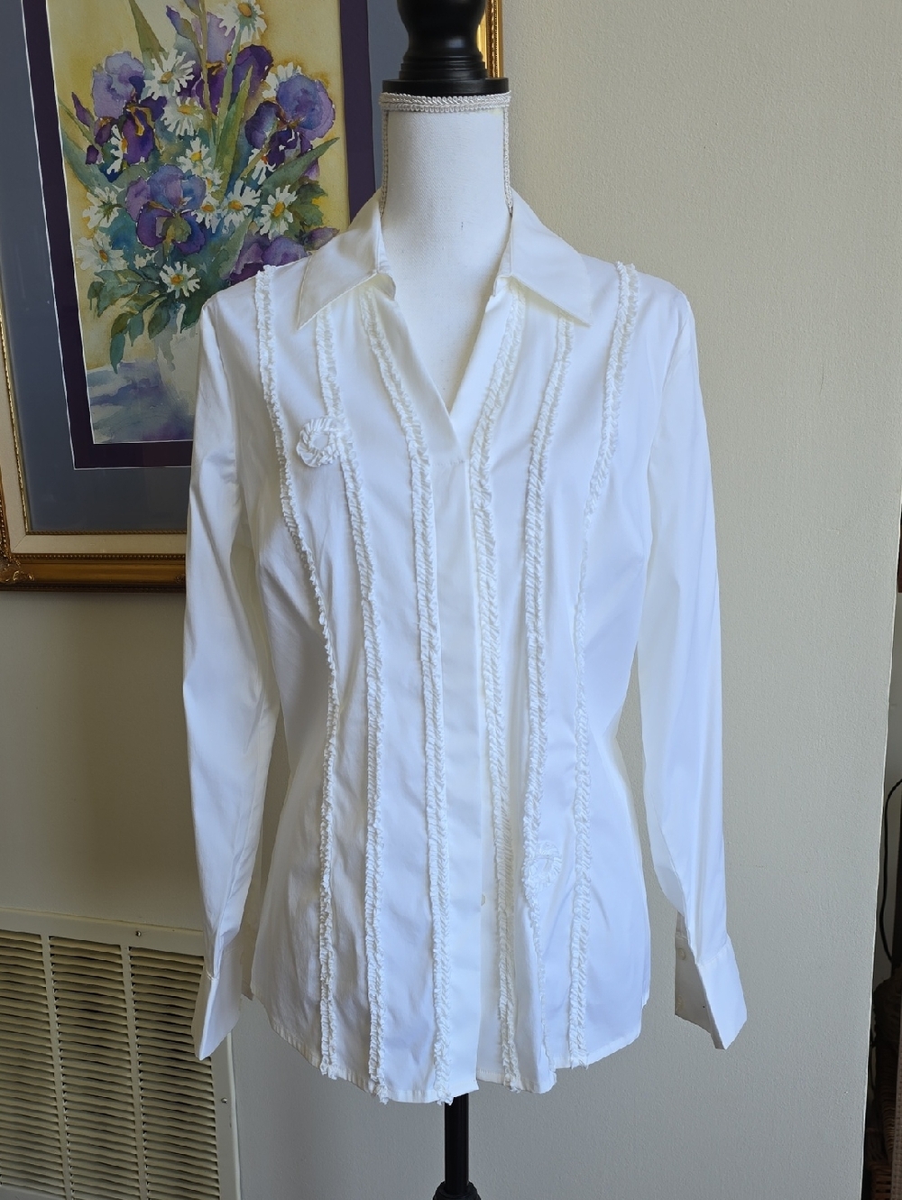 Alfani White Long-Sleeve Ruffle-Trim Button Down Shirt